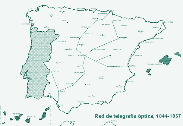 Image: Map of the optical telegraph network in Spain, 1844-1857 : Luis Enrique Otero Carvajal
