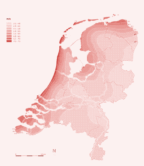 Image: Wind map of the Netherlands, showing the wind speed at a height of 10 metres.