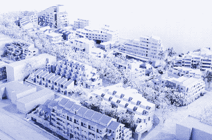 Buildings under the solar envelope on the Spanish grid in LA, reaching densities up to 72 du/ac. Ralph Knowles.