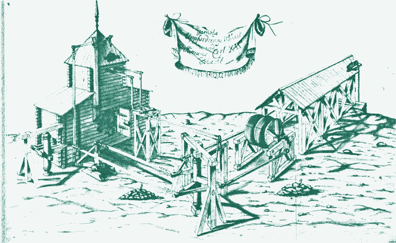 Polhem&rsquo;s hoisting apparatus at the King Karl XII shaft at the Falun mine in Sweden, built in 1701. Illustration by Samuel Sohlberg (1731)