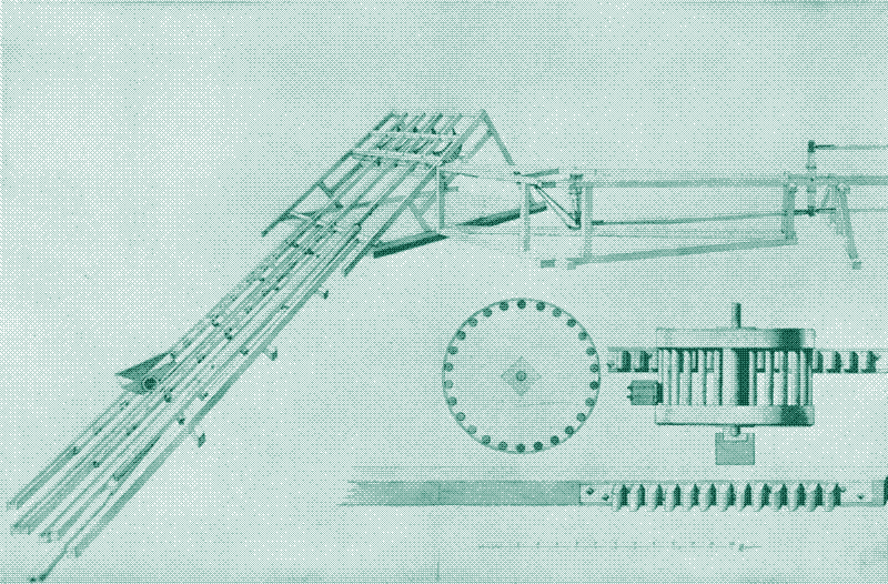 Hoisting mechanism with double set of rods at the Humboberget mine, Sweden. Drawing by C.J. Cronstedt, 1729.