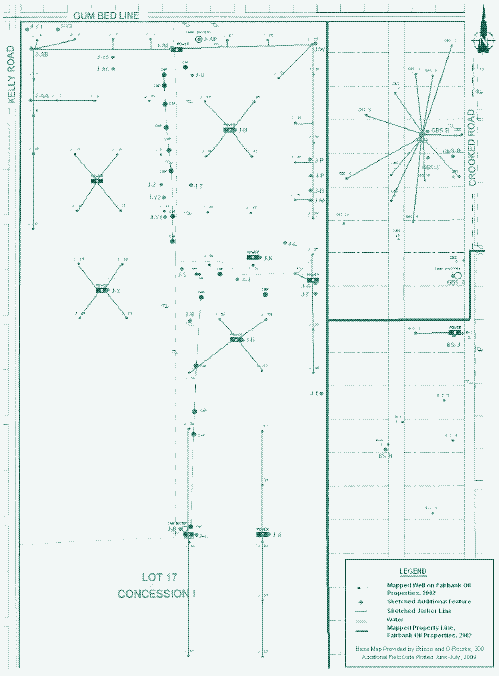 Inventory map of the James field with its well numbers, central powers and additional features. The spider-like systems use metal rods, while the linear systems use wooden rods. Source: &ldquo;Conservation district study appendix&rdquo;, Oil Heritage Conservation District Plan, The Corporation of the County of Lambton.