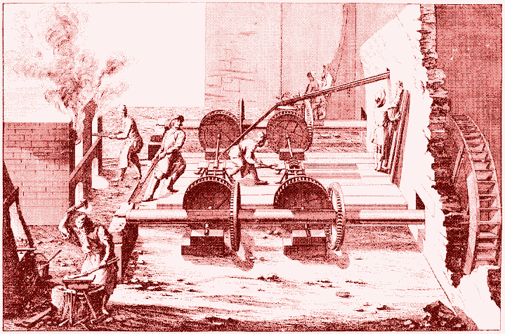 Image: A Swedish water-powered metal cutting mill from the 18th century. Metal cutting mills had pairs of revolving cylinders through which metal was passed either to form sheets (rolling) or to be cut into strips or rods (slitting).