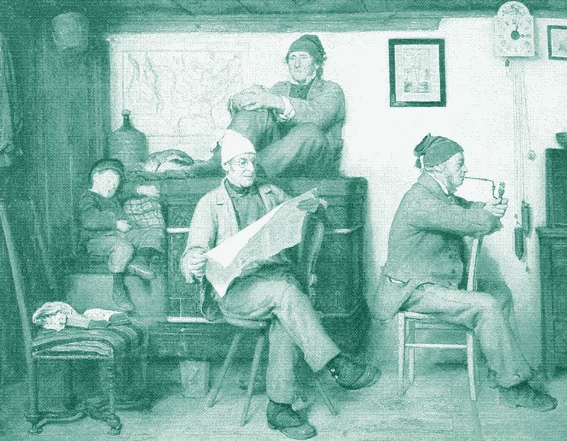 People gathering around a tile stove. Die Bauern und die Zeitung. A painting by Albert Anker, 1867.