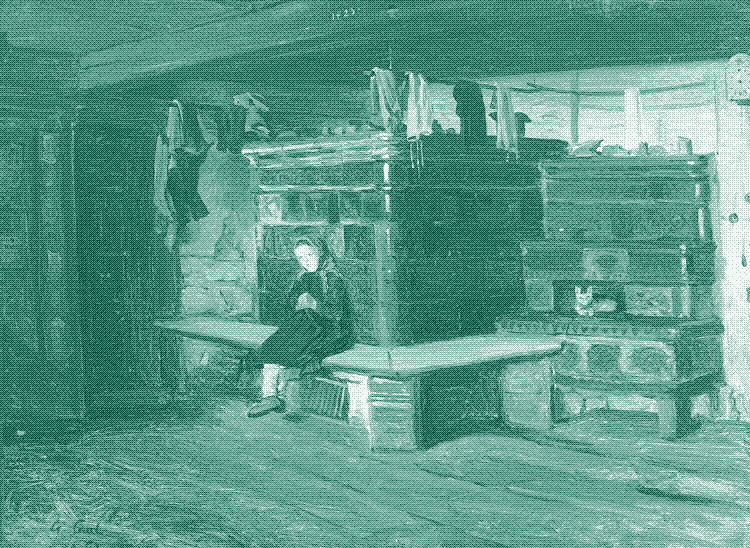 Blick in eine Schwarzwaldstube mit kleinem Mädchen auf der Ofenbank, a painting by Georg Saal, 1861.