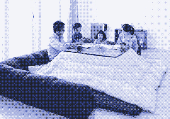 A modern "kotatsu", a heated table from Japan, using an electric heater instead of glowing fuel. Source: Rakuten.
