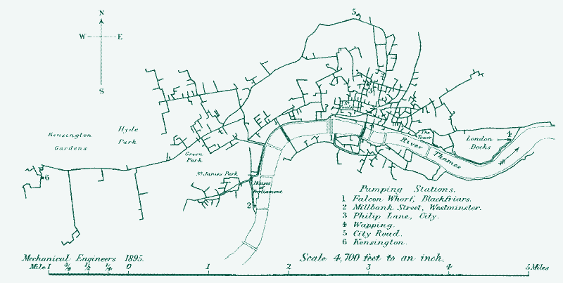Illustration: layout of London Hydraulic Power Co. mains and pumping stations, 1895.