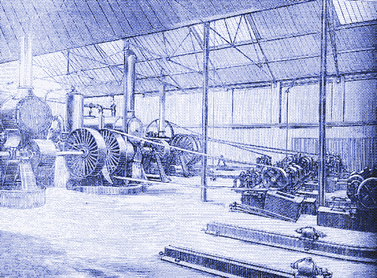 Picture: Brighton Electric Light Station, 1887. Stationary steam engines drive DC generators by means of leather belts. Source.