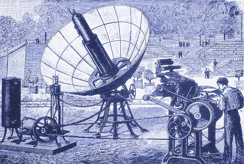 Augustin Mouchot&rsquo;s solar powered printing press, 1882.
