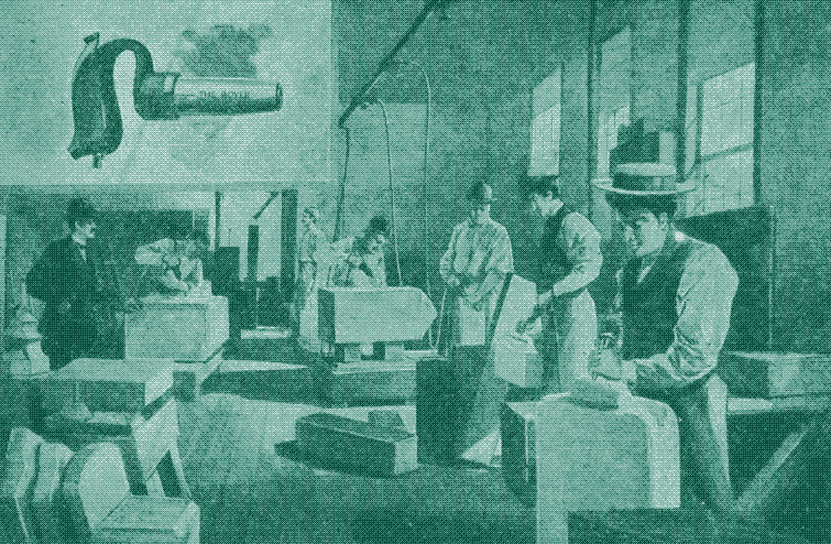 Image: Stone dressing using pneumatic hammers.