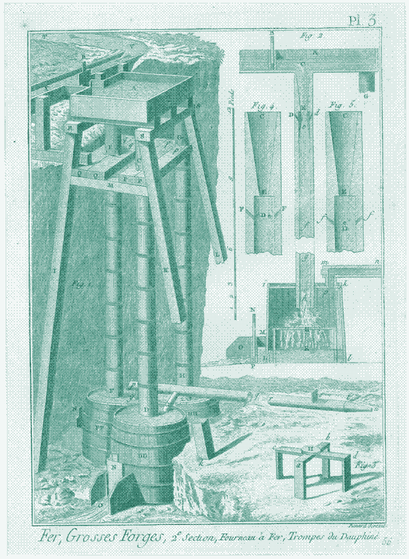 Image: The trompe compressed air without any moving parts, other than valve gates to shut off incoming water flow.
De Re Metallica, Georgius Agricola, 1556.