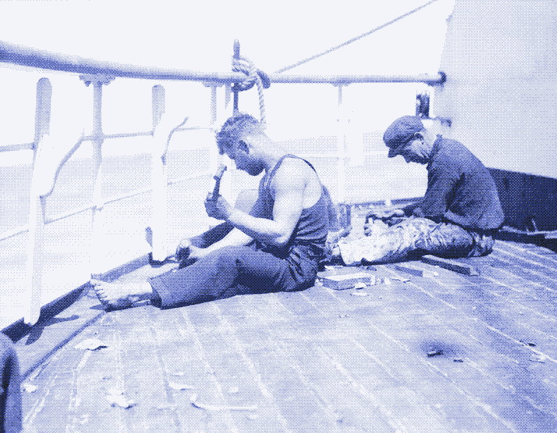 Renewing caulking on the poop of the &lsquo;Parma&rsquo;. Alan Villiers, 1932-33.