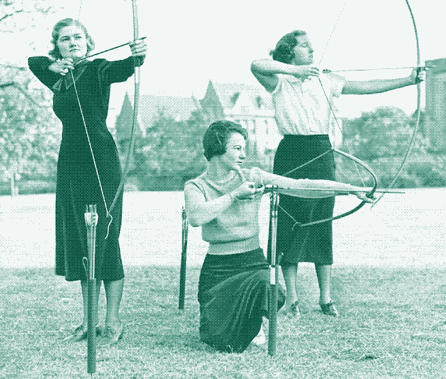 Image: University of Chicago students practice archery. Image by Bardon, Emmet. University of Chicago Library, Special Collections Research Center.