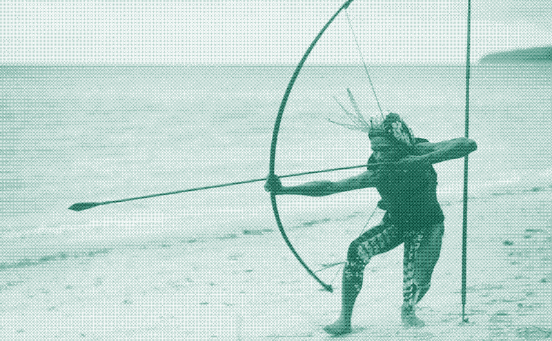 Image: Tanimber islander with very large bow and arrow in leather armor, Dutch Indies. Source unknown.