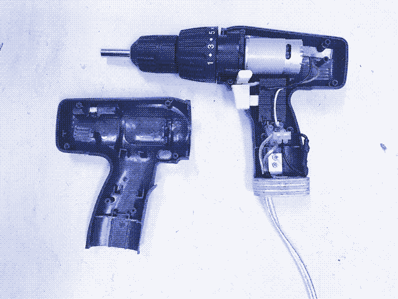 Image: A power drill converted to run on low voltage DC power. Photo: Marie Verdeil.