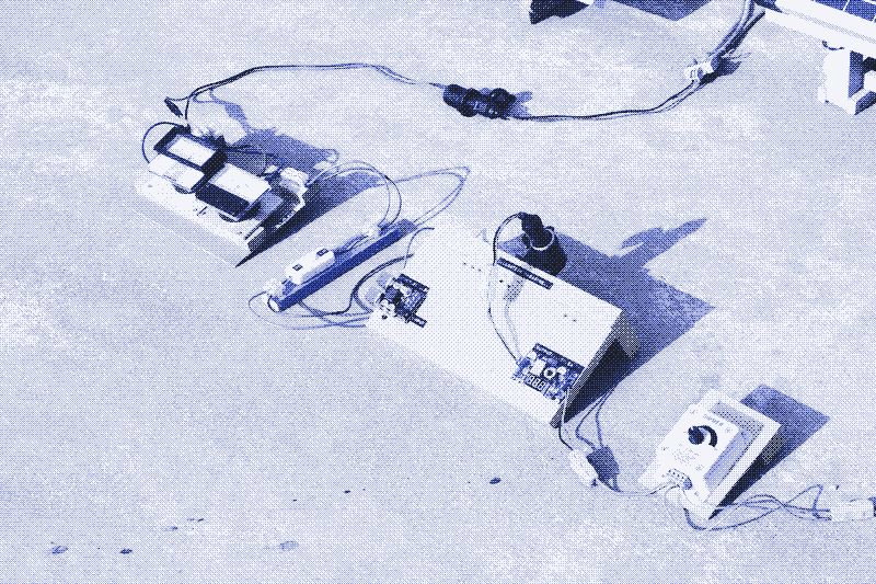Image: A control panel consisting of separate modules. From left to right: multi-meter, on-off switch, DC-DC converters, dimmer.