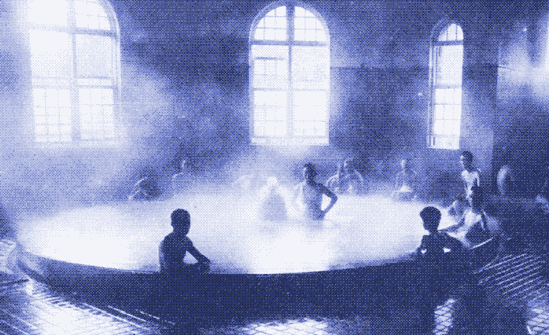 Image: Bathhouse built on top of a hot pool, Taiwan. Photo from early 20th century, public domain.