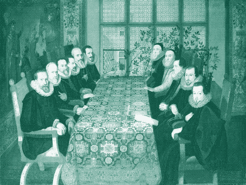 Image: &ldquo;The Somerset House Conference&rdquo;. Spanish delegation on the left, English delegation on the right, a table carpet in the middle. A painting by Juan Pantoja de la Cruz, 1604. Image in the public domain.