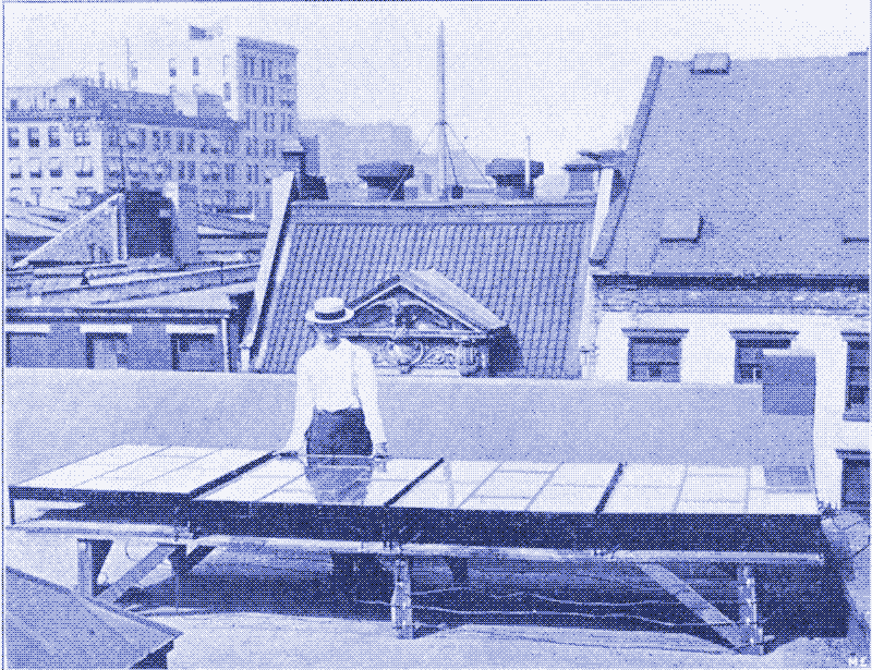 Oben: George Coves drittes Solarpanel. Quelle: "Harnessing sunlight", René Homer, Modern Electrics, Vol. II, No.6, September 1909.