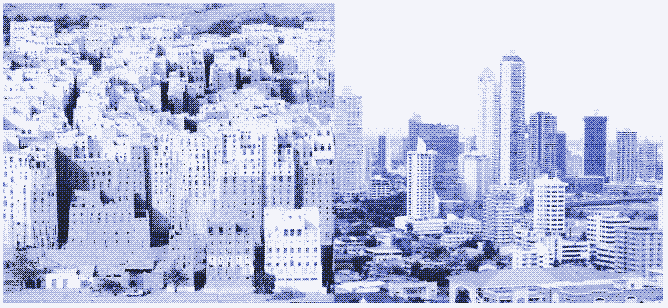 Izda: Construcciones en altura de tierra cruda en la ciudad de Shibam, Yemen. Dcha: Construcciones en altura de acero y hormigón armado en Ciudad de Panamá, Panamá [^14].