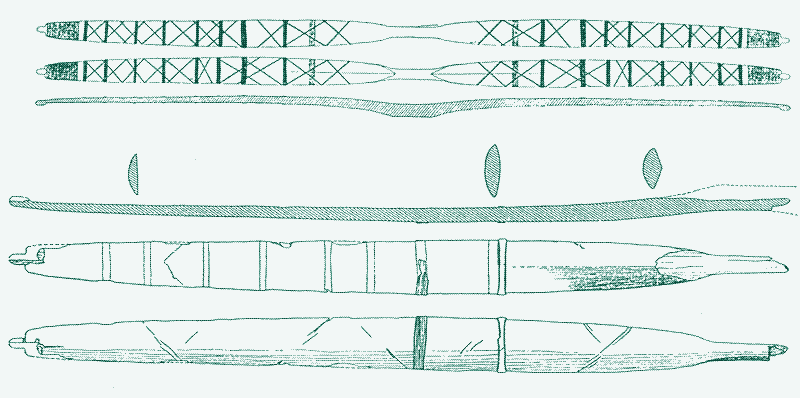 Imagen: dibujo del arco de Meare Heath. Fuente: Clark, J. G. D. "Neolithic bows from Somerset, England, and the prehistory of archery in north-western Europe." Proceedings of the Prehistoric Society. Vol. 29. Cambridge University Press, 1963.