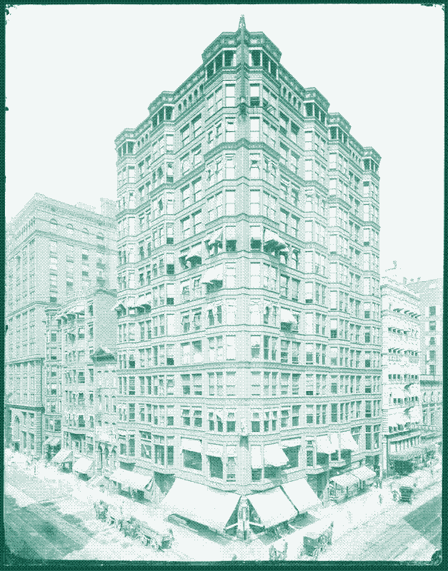 Imagen: El Edificio Tacoma en Chicago, 1905. Los toldos fueron reemplazados posteriormente por unidades de aire acondicionado. Imagen de dominio público.