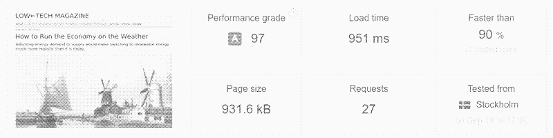 Photo: Prueba de velocidad de la página web antigua y la nueva. El tamaño de página ha disminuido más de 6 veces, la cantidad de solicitudes ha disminuido 5 veces, y la velocidad de descarga se ha multiplicado por 10. Tenga en cuenta que no diseñamos el sitio web para adquirir más velocidad, sino para disminuir el uso de energía. Sería aún más rápido si el servidor se ubicara en un centro de datos y/o en una ubicación más central en la infraestructura de Internet. Fuente: Pingdom.
