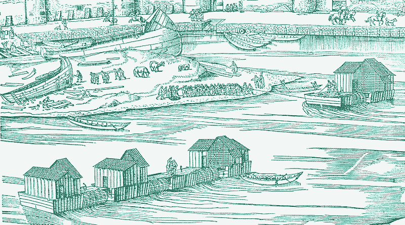 Moulins-bateaux sur le Rhin, détail issu de « Ansicht von Köln » par Anton Woensam, 1531*.