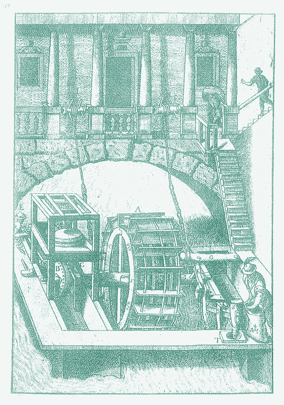Image : Un moulin bateau ancré devant un pont (Zonca).