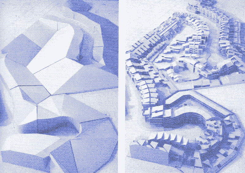 Illustration : Enveloppes solaires et projet de logements dans des rues courbes. Vue sud. Ralph Knowles.