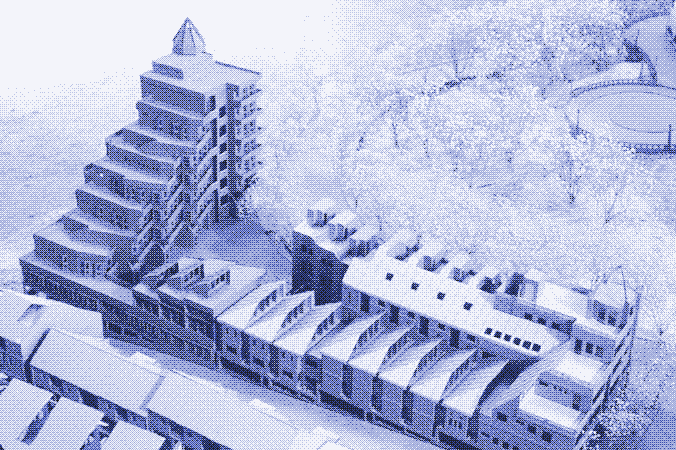 La conception des bâtiments suivant le principe de l&rsquo;enveloppe solaire se caractérise par des toitures terrasses, des sheds, et des cours. Ralph Knowles.