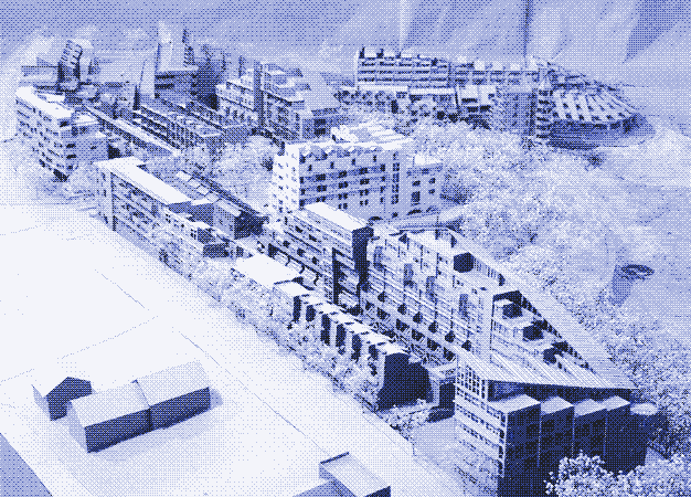 Immeuble résidentiel avec une densité allant jusqu&rsquo;à 128 logements par acre (316 par hectare). Les ombres portées sont volontairement permises sur une pente exposée au nord et aménagée en parc public. Ralph Knowles.