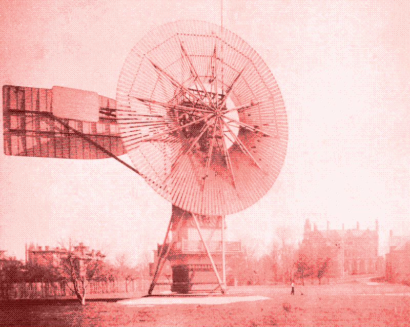 Image: La première éolienne construite aux États-Unis par Charles F. Brush possédait d’une « aile annulaire » (EN : annular sail) composée de 144 fines pales en bois de cèdre