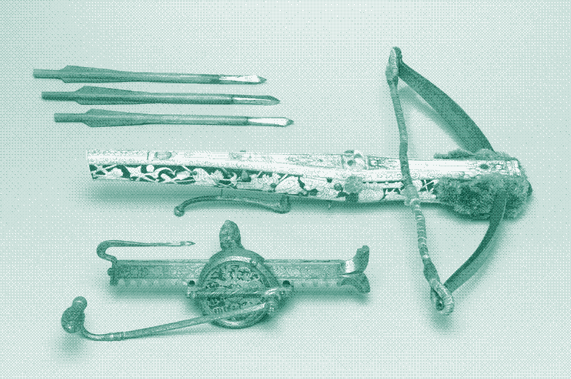 Image : arbalète avec des munitions. Allemagne, XVIe-XVIIe siècles. Bois, cuir, acier ; ensemble : 37,2 cm (14 5/8 in.). Source : Internet Archive.