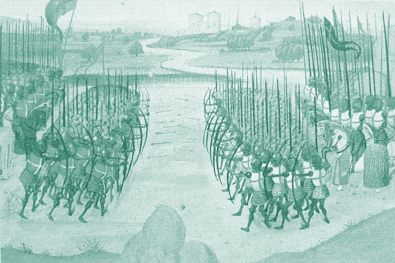 Guerre en Europe : échanges de tirs d’hommes en rangs. L’image dépeint la bataille d’Azincourt (1415). Source : Antoine Leduc, Sylvie Leluc et Olivier Renaudeau (dir.), D’Azincourt à Marignan. Chevaliers et bombardes, 1415-1515, Paris, Gallimard / Musée de l’armée, 2015, p. 18-19, ISBN 978-2-07-014949-0