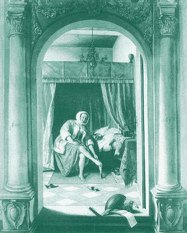 Image : Baldaquin, tapis de sol et jeté de table. Femme à sa toilette, tableau de Jan Steen, 1663. Image dans le domaine public.
