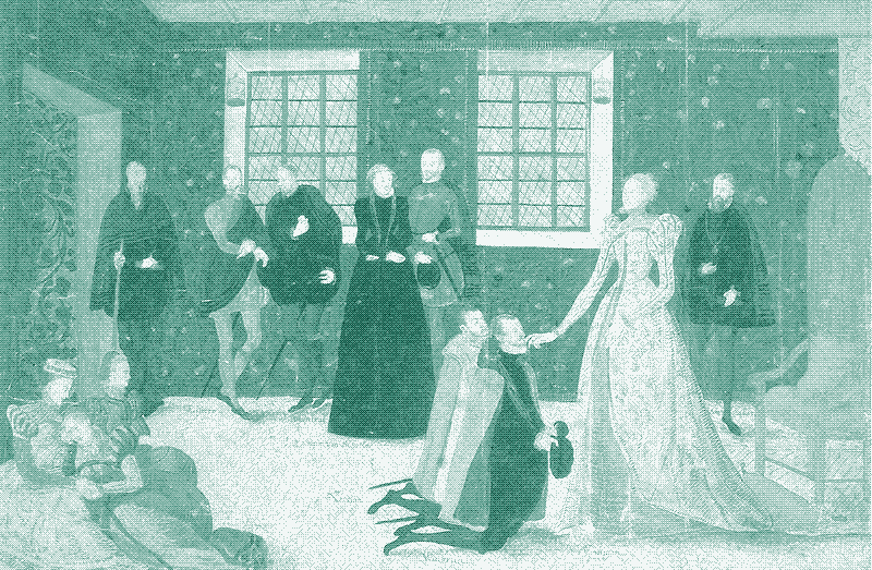 Image : Des nattes couvrent l’intégralité du sol. La Reine d’Angleterre Elizabeth 1re reçoit des ambassadeurs néerlandais, tableau de Levina Teerlinc, 1558. Image dans le domaine public.