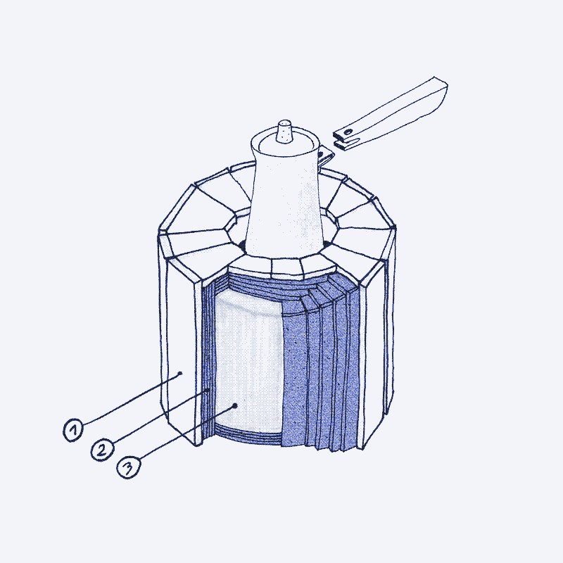 Image : Vue en coupe écorchée de la cafetière. 1. Carreaux de céramique 2. Liège 3. Mortier. Illustration par Marie Verdeil.