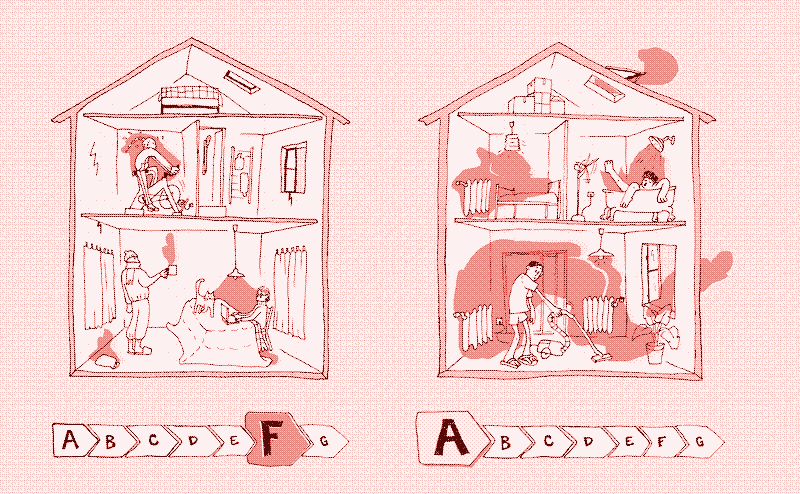 Hoe energie-efficiënt een huis is hangt niet alleen af van het energielabel maar ook van de levensstijl. Illustratie: Marie Verdeil.