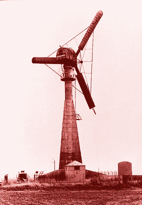 De drie wieken van de Gedser turbine werden extra verstevigd door ze met een structuur van staaldraad te verbinden.