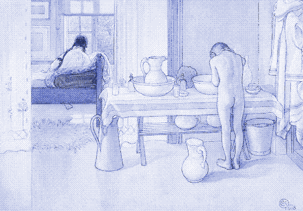 Een sponsbad. "Zomermorgen", een schilderij van Carl Larsson, 1908.