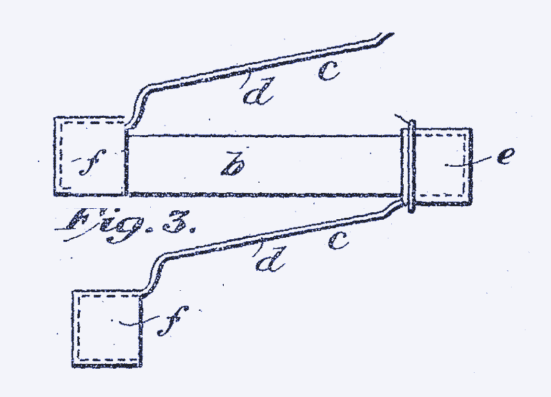 Hierboven: Deze tekening uit Cove&rsquo;s 1906 patent toont de zink-antimoon legering "b"; de alpaca (ohmse) eindkap "c"; en de koperen of tinnen (Schottky) eindkap "f". Deze zijn allemaal geperst omdat het solderen van de verbindingen het rendement verlaagde.