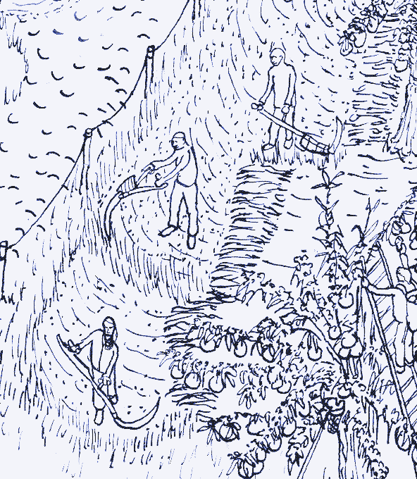 Afbeelding: Boerderij op menskracht, detail. Tekening: Melle Smets.