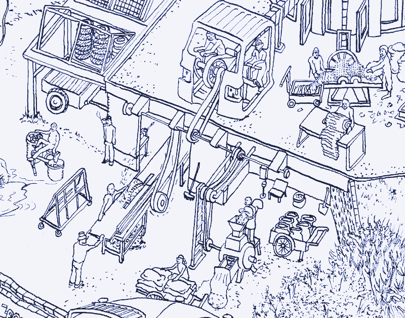 Afbeelding: Boerderij op menskracht, detail. Tekening: Melle Smets.