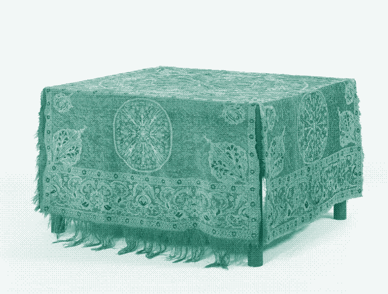 Afbeelding: Tafeltapijt geweven in kruisvorm, wollen geknoopte pool op wollen ondergrond, medaillonontwerp met Ottomaanse florale motieven op rode grond, waarschijnlijk Ottomaans Caïro, Egypte, 1550-1600. Bron: V&amp;A. https://collections.vam.ac.uk/item/O67146/table-carpet-table-carpet-unknown/