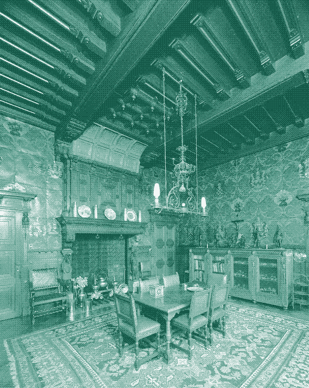 Afbeelding: Kasteel Eijsden: Interieur biljartkamer met goudlederen wandkleden. Foto: A. J. van der Wal, Rijksdienst voor het Cultureel Erfgoed (CC BY-SA 4.0).