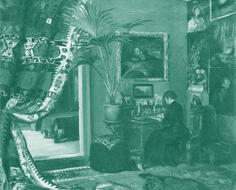 Afbeelding: Een deurgordijn. “Interieur”, een schilderij van Andrea Gram, 1885. Afbeelding in het publieke domein.