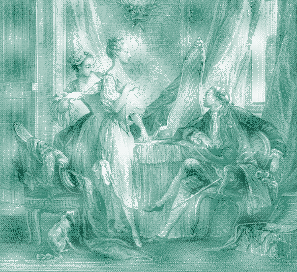 Afbeelding: In veel historische gevallen waren er nauwe relaties tussen stoffering, draperie en kleding. [^11] Detail uit: Nicolas Ponce (1746-1831) naar Pierre Antoine Baudouin (1723-1769), La toilette, gravure, 1771. Metropolitan Museum of Art, Harris Brisbane Dick Fund, 1954, 54.533.12. Beeld in het publieke domein.