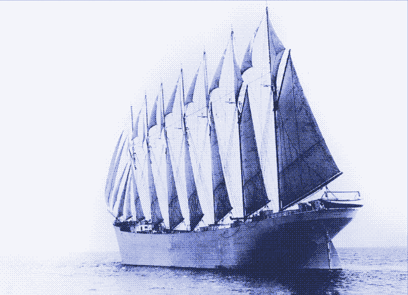 Zdjęcie: „Thomas W. Lawson” - siedmiomasztowy szkuner o stalowym kadłubie, zbudowany w 1902 roku do handlu pacyficznego. Załoga liczyła osiemnaście osób.