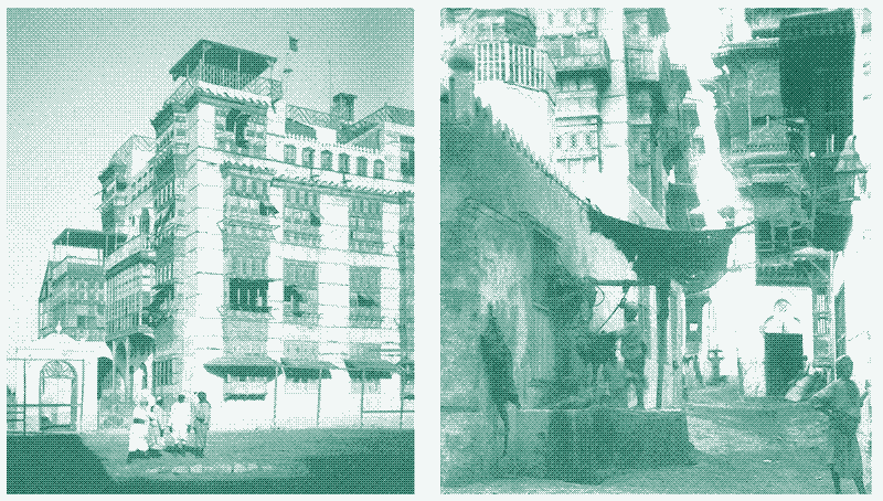 Hình trái: Tòa nhà British Counsel 1917. Người dân vùng nóng khô Biển Đỏ truyền thống dùng màn chắn cửa sổ gỗ chạm khắc tinh xảo gọi &ldquo;masharabiya&rdquo; (Ai Cập), &ldquo;rowshan&rdquo; (Ả Rập Saudi) hoặc &ldquo;jali&rdquo; (Ấn Độ, Pakistan). [^11][^28][^36] Nó gồm cấu trúc lưới gỗ nhô ra đường và che phủ một/nhiều cửa sổ từ đỉnh đến đáy công trình. &ldquo;Shishes&rdquo; - thảm cỏ/sậy đan treo cửa sổ/lối vào - là phiên bản giá rẻ hơn. Hình phải: Cảnh đường phố 1916. Tín dụng ảnh: [^36].